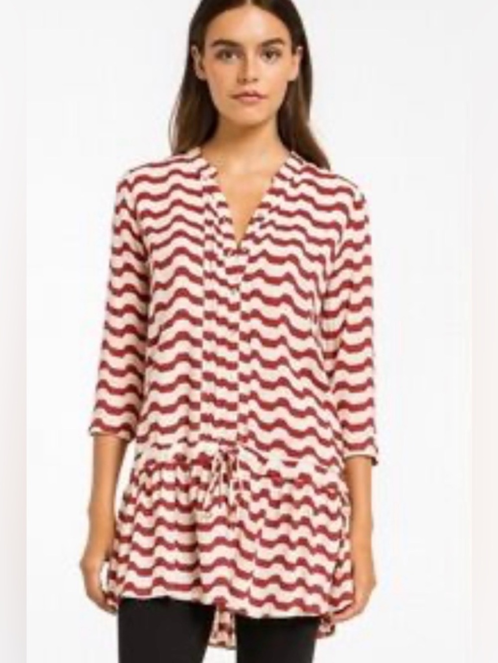 🌸 ISABELLA SINCLAIR Coral Beige Swizzle Stripe Tunic 3/4 Sleeve M Anthropologie
